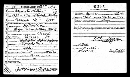 World War I draft registration card for Harrison Withrow. National Archives and Records Administration