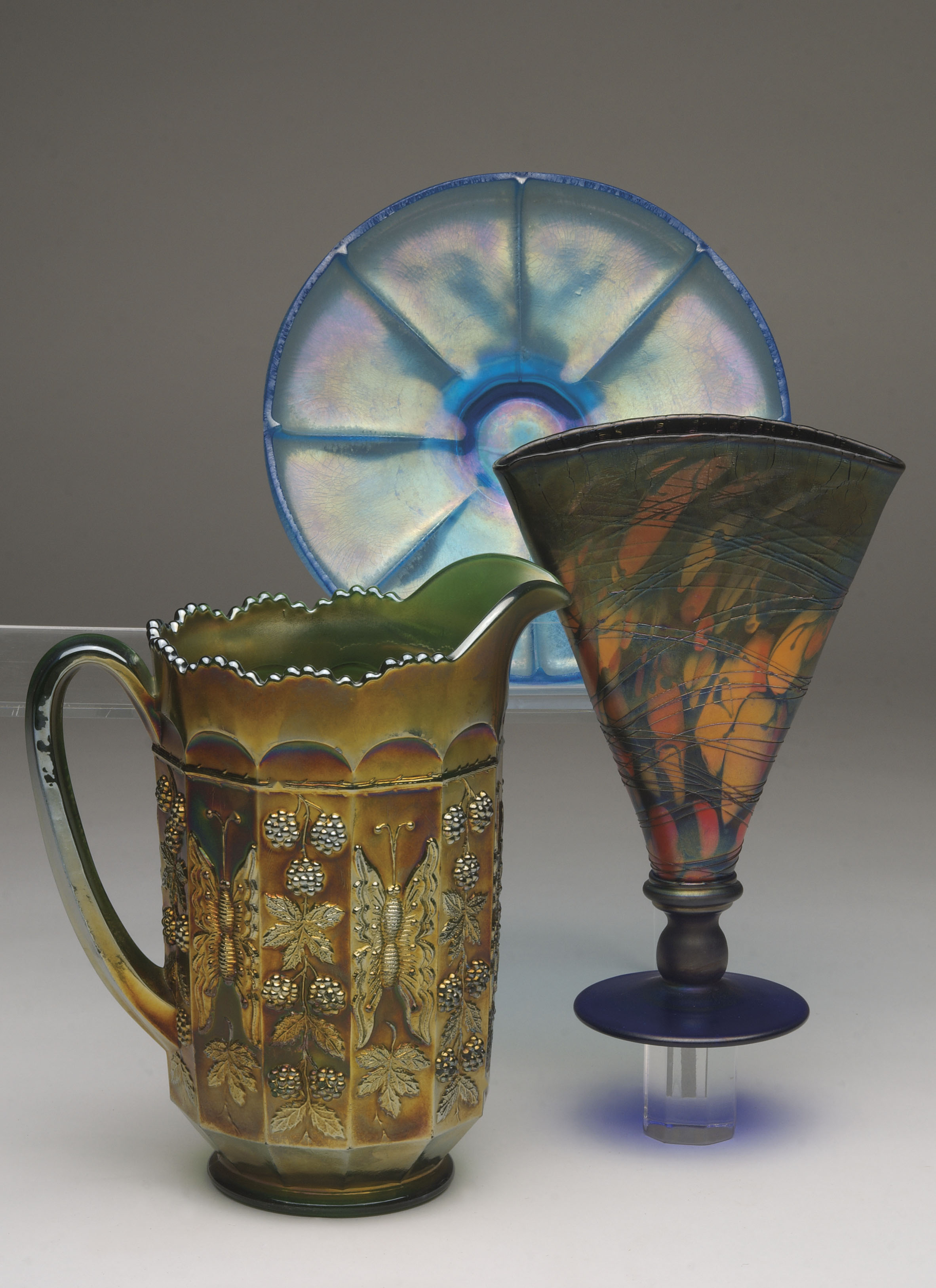 Fenton pitcher, fan vase and bowl