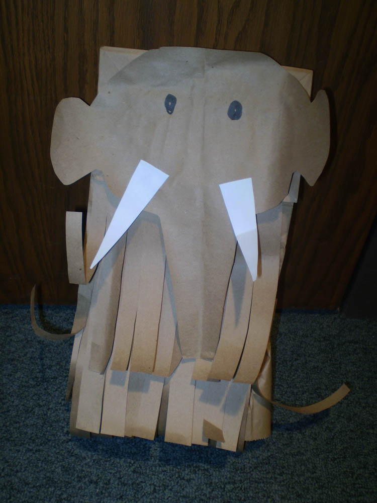Wooly mammoth puppet made from paper bag