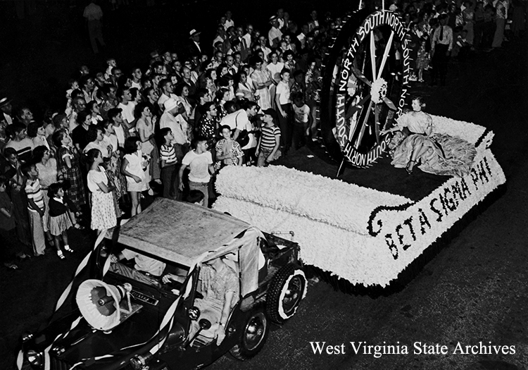 North-South Football Game parade, known as the Pigskin Pageant, Charleston, August 14, 1952. Beta Sigma Phi sorority's second place float, non-commercial group. Maxine Foster Collection, West Virginia State Archives (157402)