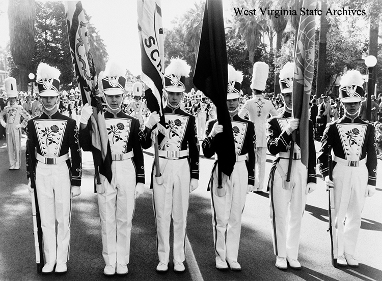 Weirton High School band, color guard at the Tournament of Roses Parade, Pasadena, CA, January 1, 1960. Thomas J. Tarowsky Collection, West Virginia State Archives  (339813)