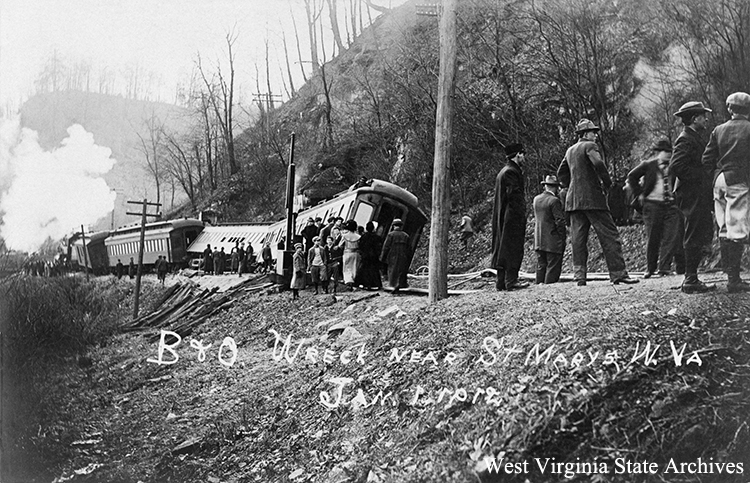 Baltimore and Ohio train derailment near St. Marys in Pleasants County, January 1, 1912.  West Virginia State Archives (331705)