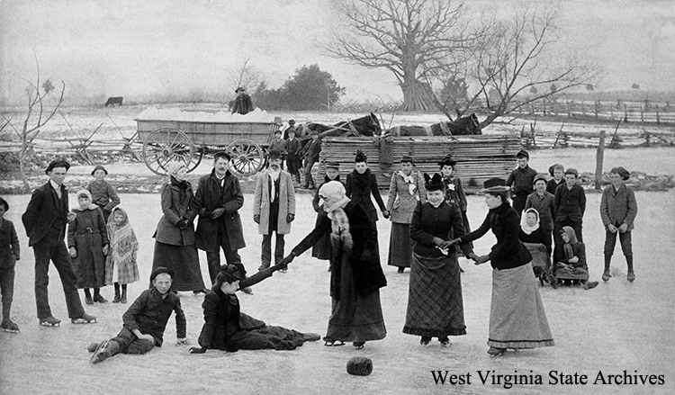 Ice skating party at Jennings Mill dam, Jefferson County, n.d. David Winfrey Collection, West Virginia State Archives (093805)