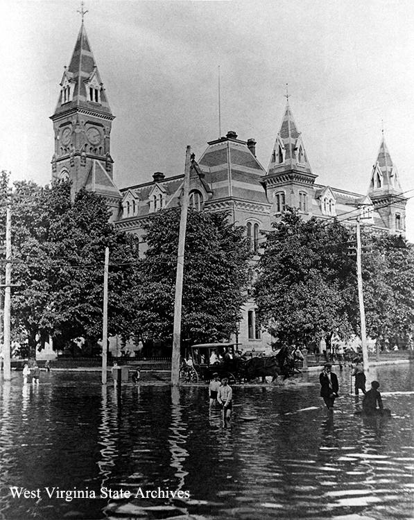 High water around the 1885-1921 capitol building in Charleston, n.d. Otis Rice Collection, West Virginia State Archives (345701)