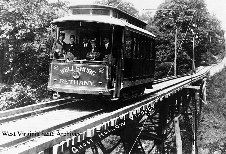 Wellsburg and Bethany Trolley on the Ghost Hollow Viaduct, the tallest on the line, 1908. Mort Gamble Collection, West Virginia State Archives (341701)