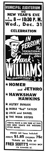 advretisement for Hank Williams show, December 31