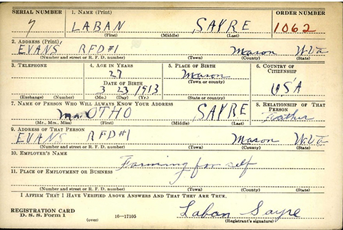 Laban Sayre's draft card. Note that it shows his address to be Evans, but also locates it in Mason County. Courtesy of National Archives and Records Administration