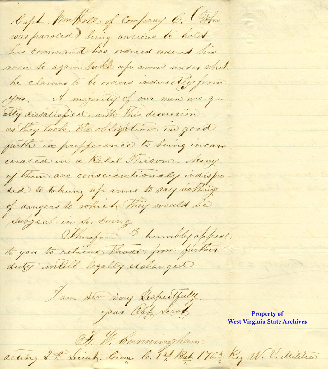 Letter, F. W. Cunningham to Francis P. Pierpont, regarding parole
status of Union militia captured at the Battle of Fairmont