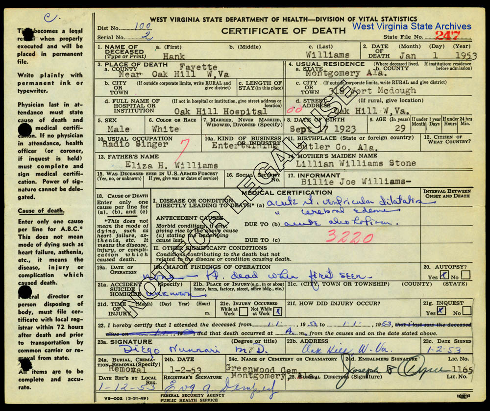 Death certificate for Hank Williams, January 1, 1953 (Vital Statistics)