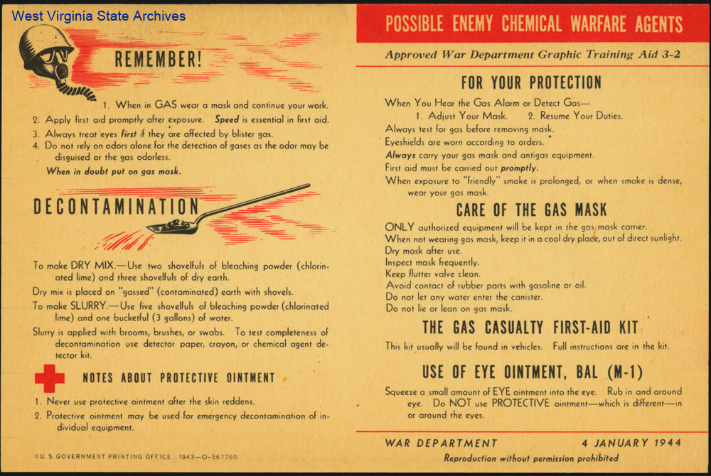 Instructional card, Possible Enemy Chemical Warfare Agents, January 4, 1944 (Glenna Mullins Collection)