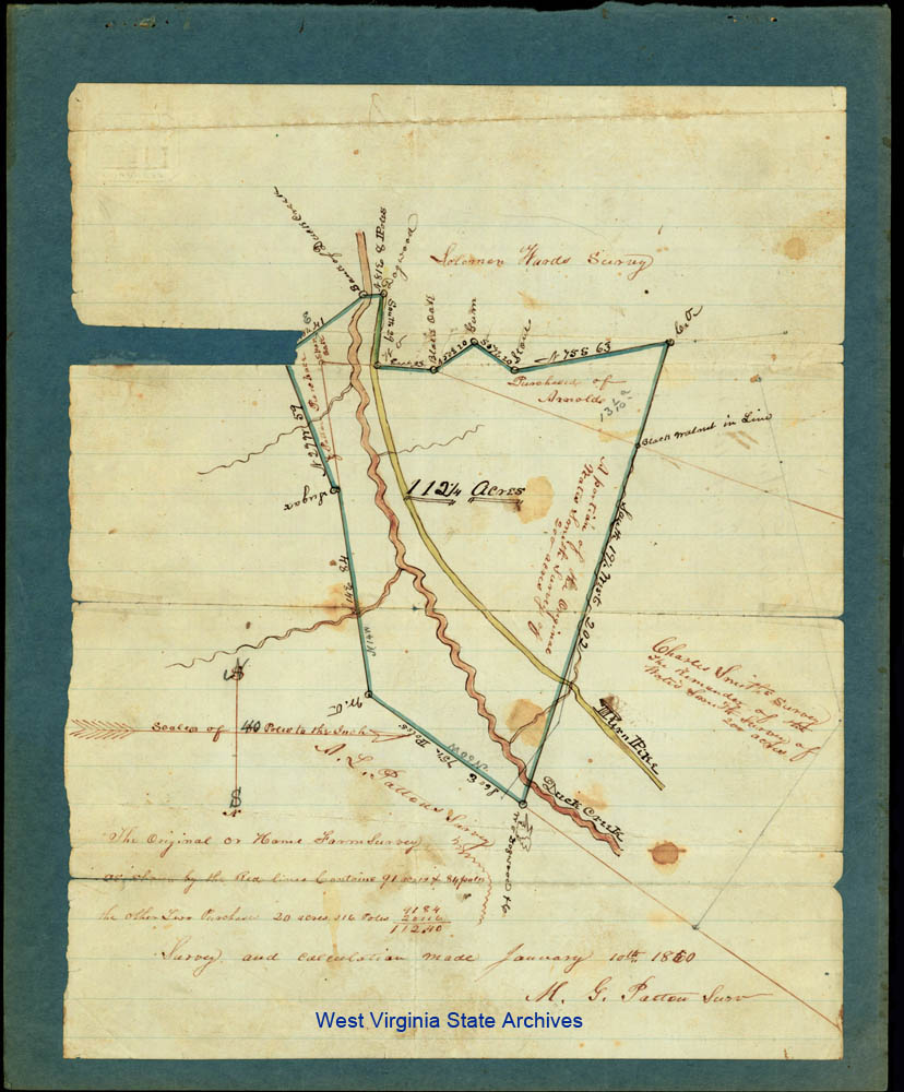 Survey notes and map of original Watters Smith farm, January 10, 1860 (Robert E. Beanblossom Collection)