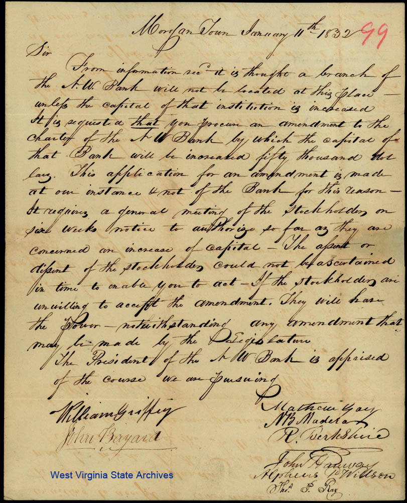 Letter regarding the Northwestern Bank opening a branch in Morgantown, January 11, 1832 (Charles S. Morgan Collection)