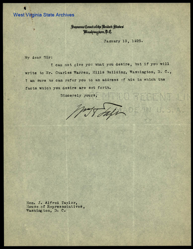 Letter from William Howard Taft to J. Alfred Taylor