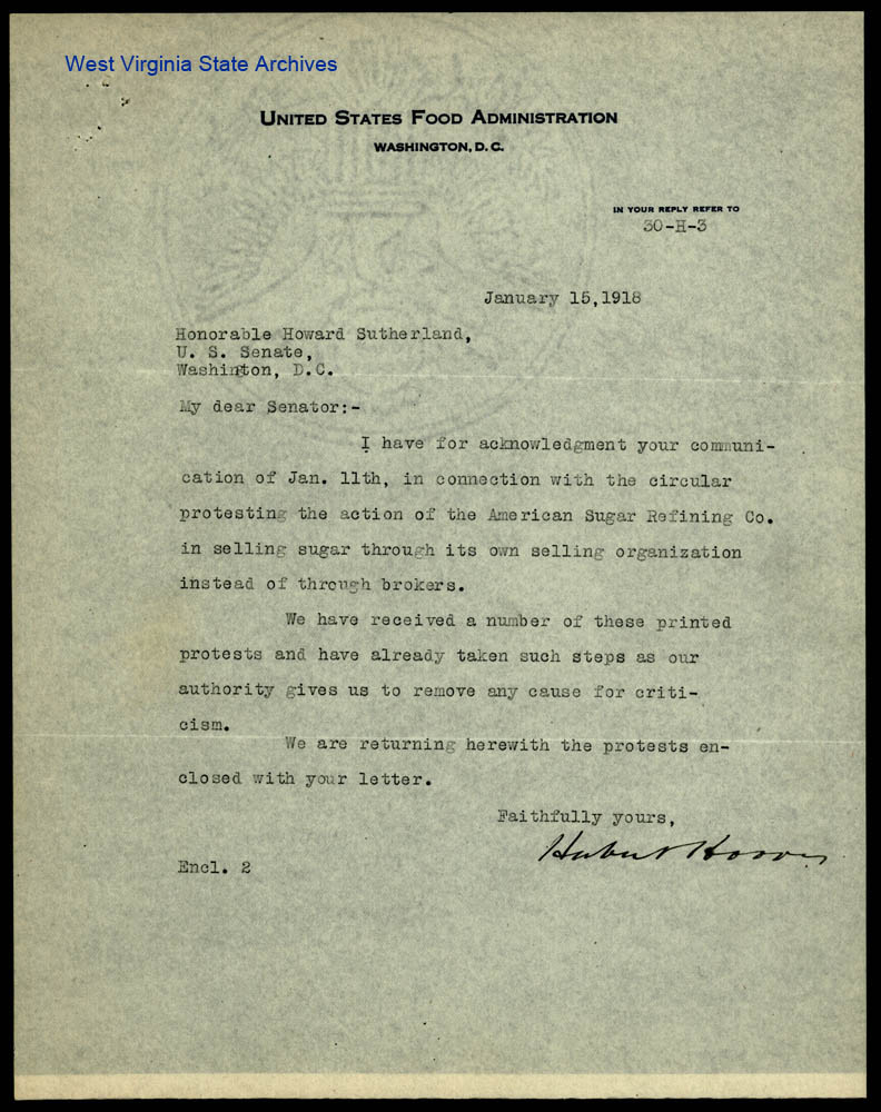 Letter from Herbert Hoover to Senator Howard Sutherland, January 15, 1918 (Howard K. Sutherland Collection)