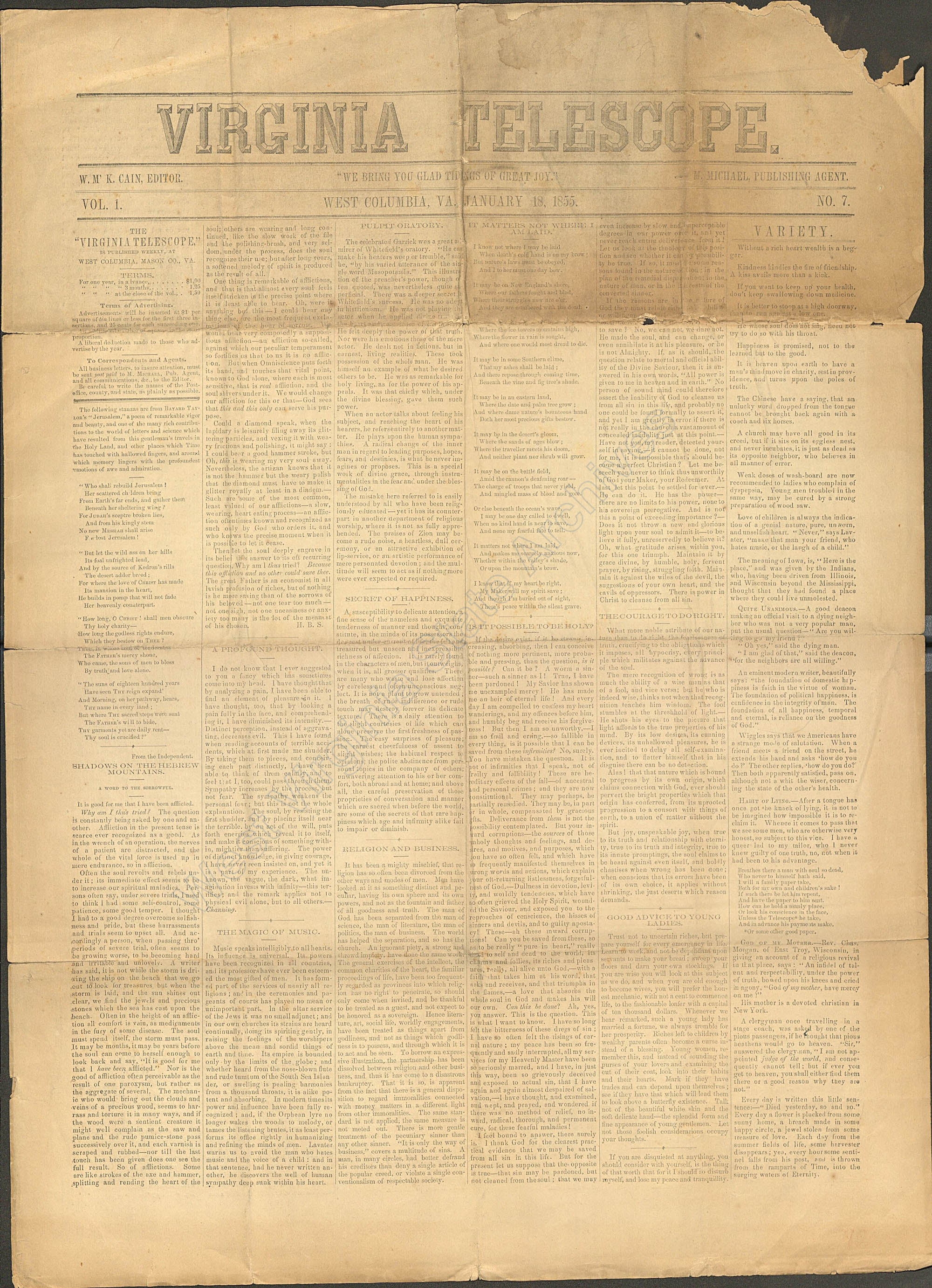 Front page of the Virginia Telescope, West Columbia, Mason County, January 18, 1855 (Miscellaneous Newspapers)