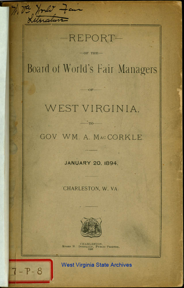 Report, Board of Worlds Fair Managers of West Virginia to Governor William A. MacCorkle, January 20, 1894 (State Documents)