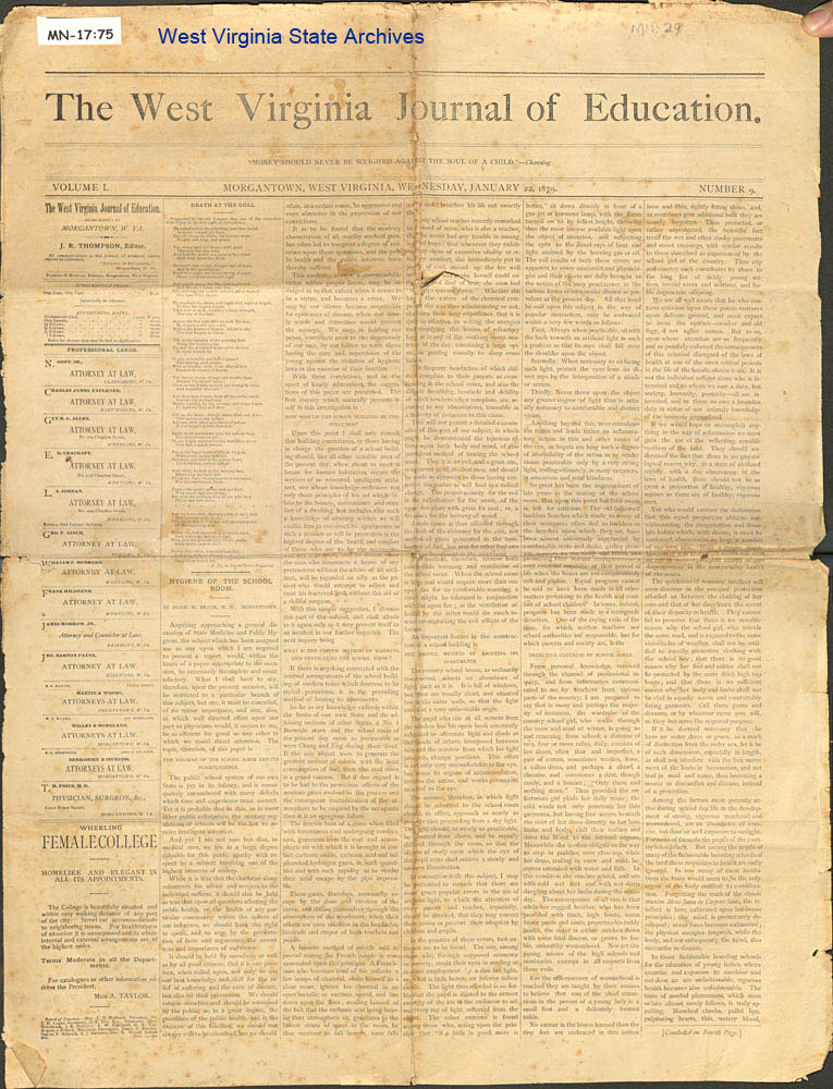 Front page of The West Virginia Journal of Education, Morgantown, January 22, 1879 (MN-17)