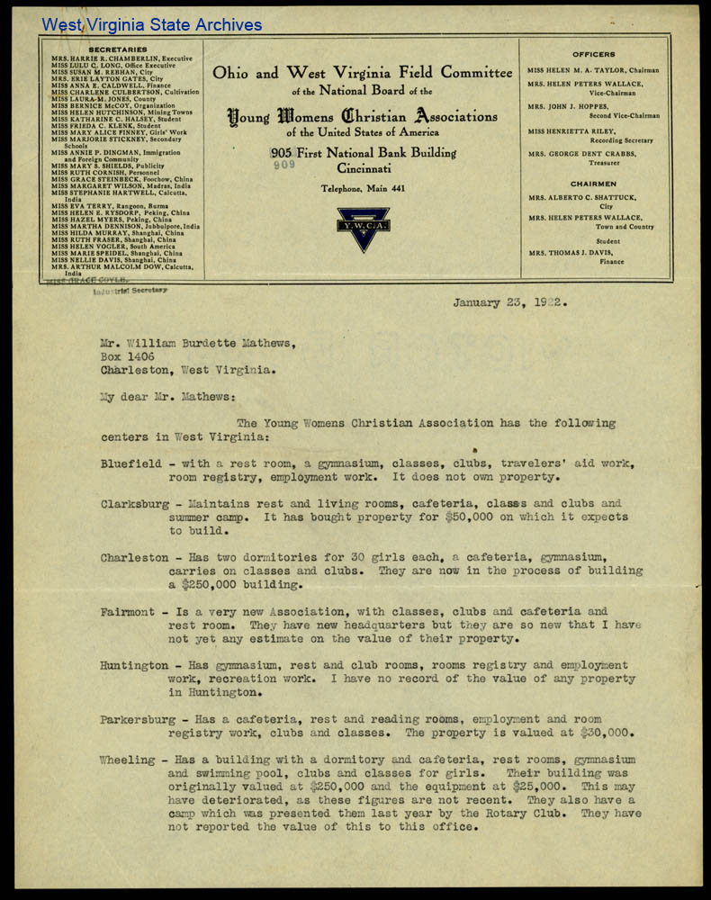 Letter from Mrs. Harrie R. Chamberlain listing the YWCA centers and their work within the state, January 23, 1922 (Ms2012-021)