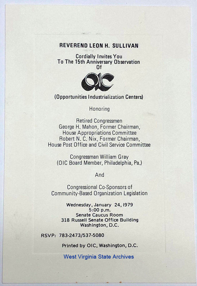 Invitation from Rev. Leon H. Sullivan to the 15th Anniversary Observation of Opportunities Industrialization Centers, January 24, 1979 (John M. Slack, Jr. Collection)
