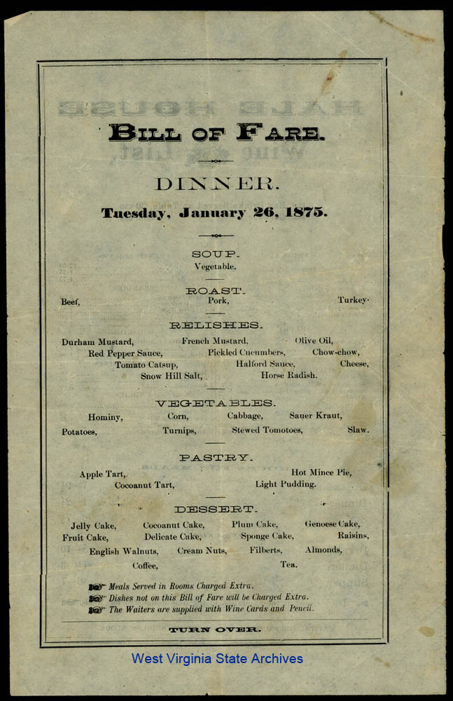 Bill of Fare and wine list for the Hale House, Charleston, January 26, 1875 (Carter/Faulkner Family Collection)