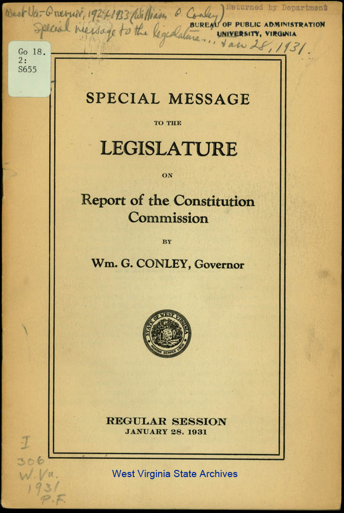 Governor William G. Conleys Special Report to the Legislature on the Report of the Constitution Commission, January 28, 1931 (State Documents)
