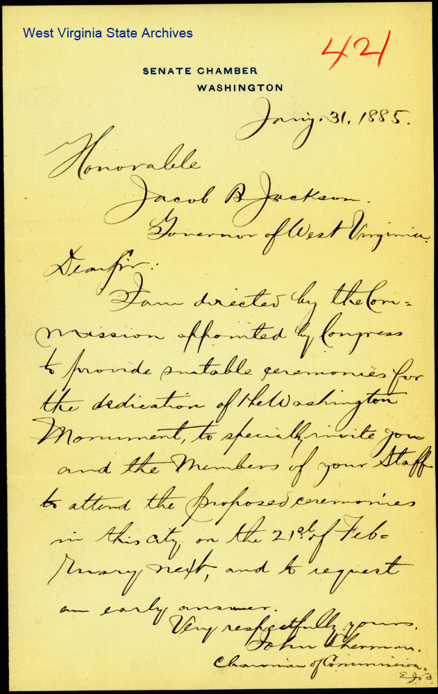Invitation from Senator John Sherman to Governor Jacob B. Jackson for the opening ceremonies of the Washington Monument, January 31, 1885 (Governor Jacob B. Jackson Papers)
