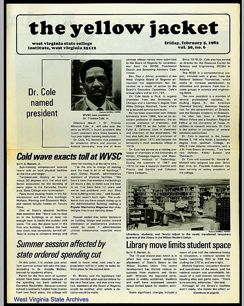 Cover of West Virginia State College newspaper announcing Dr. Thomas Cole Jr. as the eighth president of the school, February 5, 1982. (Ms88-185)