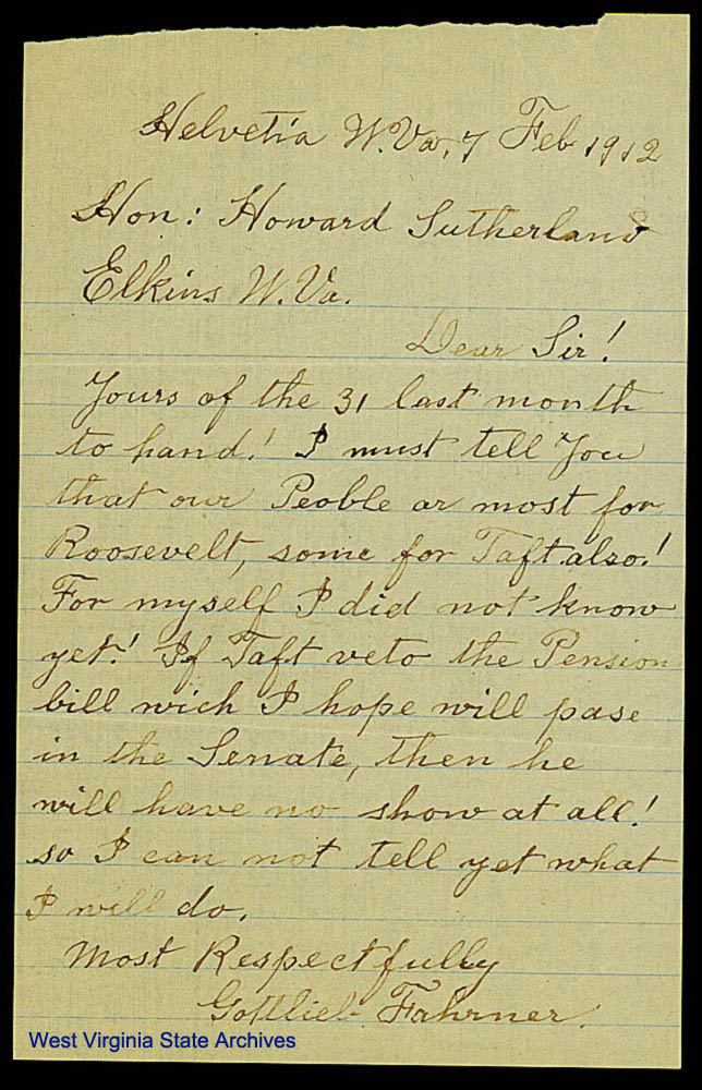 Gottlieb Fahrner letter to Senator Howard Sutherland, noting most people of Helvetia support Theodore Roosevelt for president, February 7, 1912. (Ms83-2)
