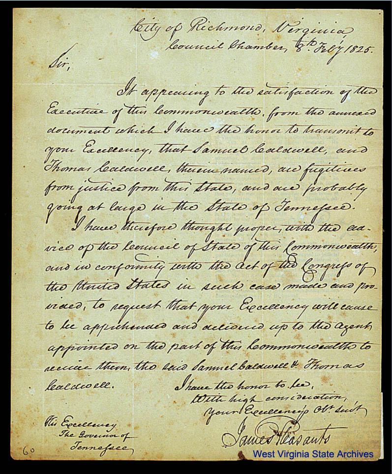 Extradition request from Virginia Gov. James Pleasants to Tennessee Gov. William Carroll, February 8, 1825. (Ms80-99)