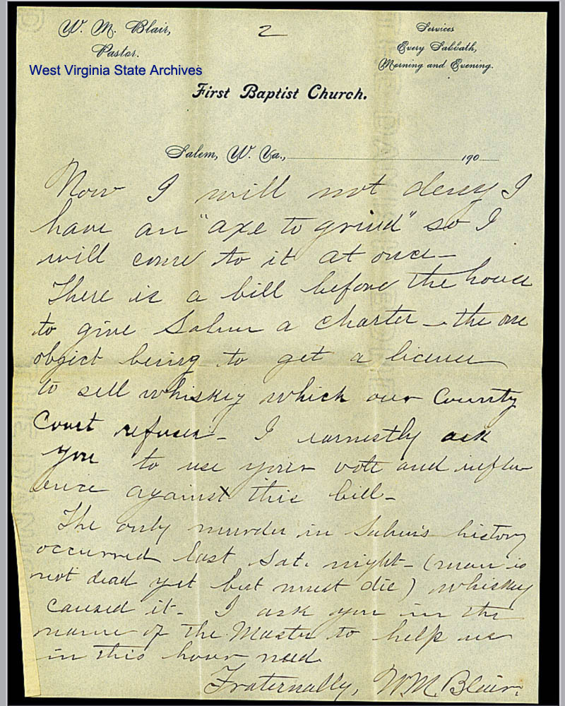 Letter from W. M. Blair urging Representative George Alderson to vote against the Salem town charter, February 9, 1903. (Ms83-23)