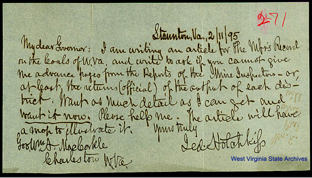 Jed Hotchkiss letter to Governor William MacCorkle requesting advance pages from the Report of the Mine Inspectors for an article, February 11, 1895. (Ar1730)