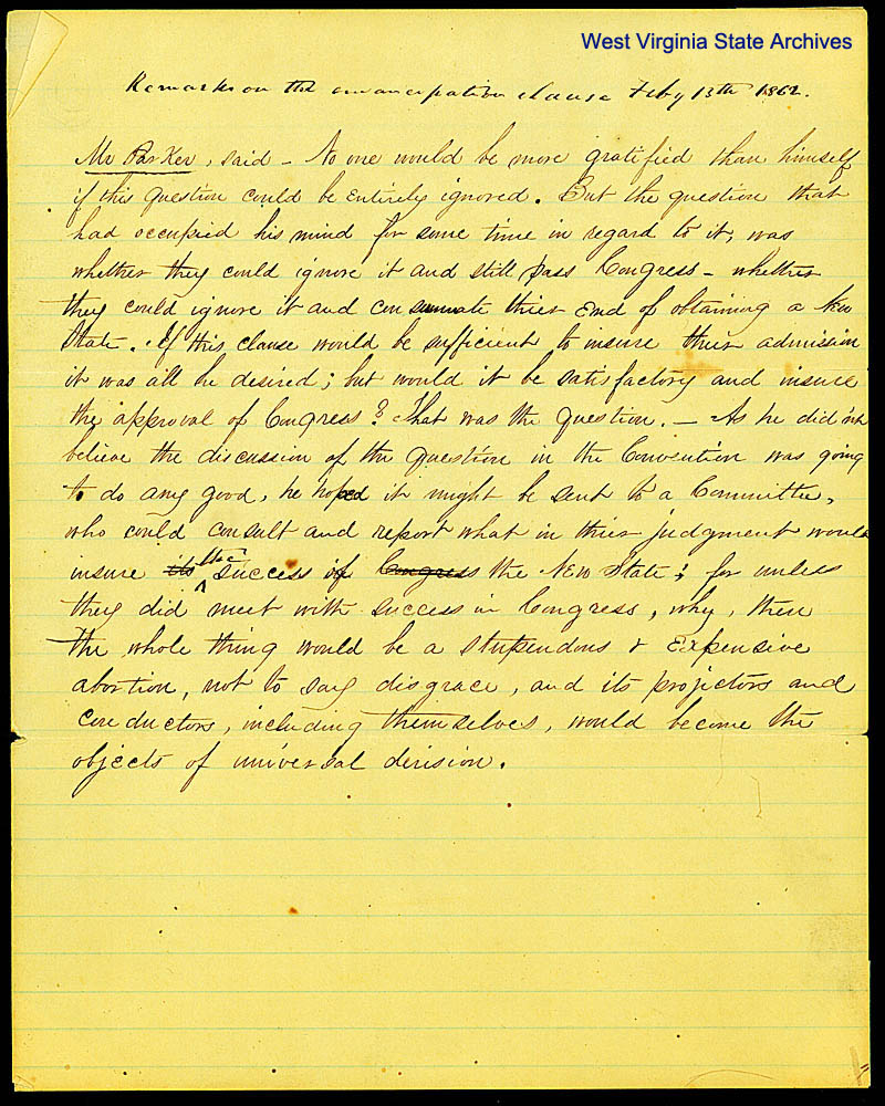 Granville Parker remarks on the emancipation clause, February 13, 1862. (Ms79-224)