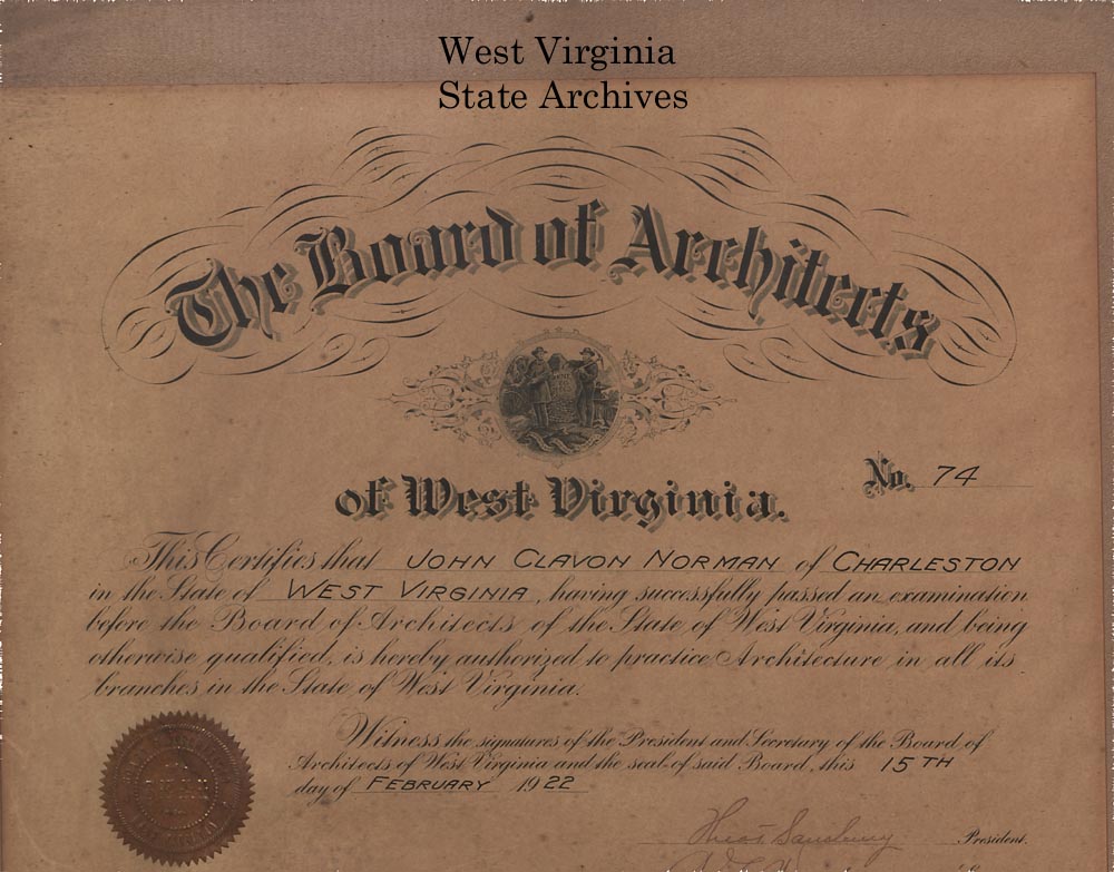 John C. Norman, West Virginia Board of Architects license, 1922 (Ms2014-073)