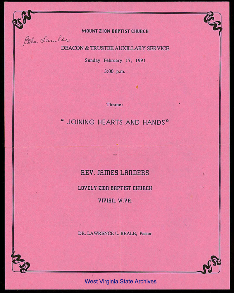 Lovely Zion Baptist Church service flyer, Vivian, February 17, 1991. (Ms200-139)