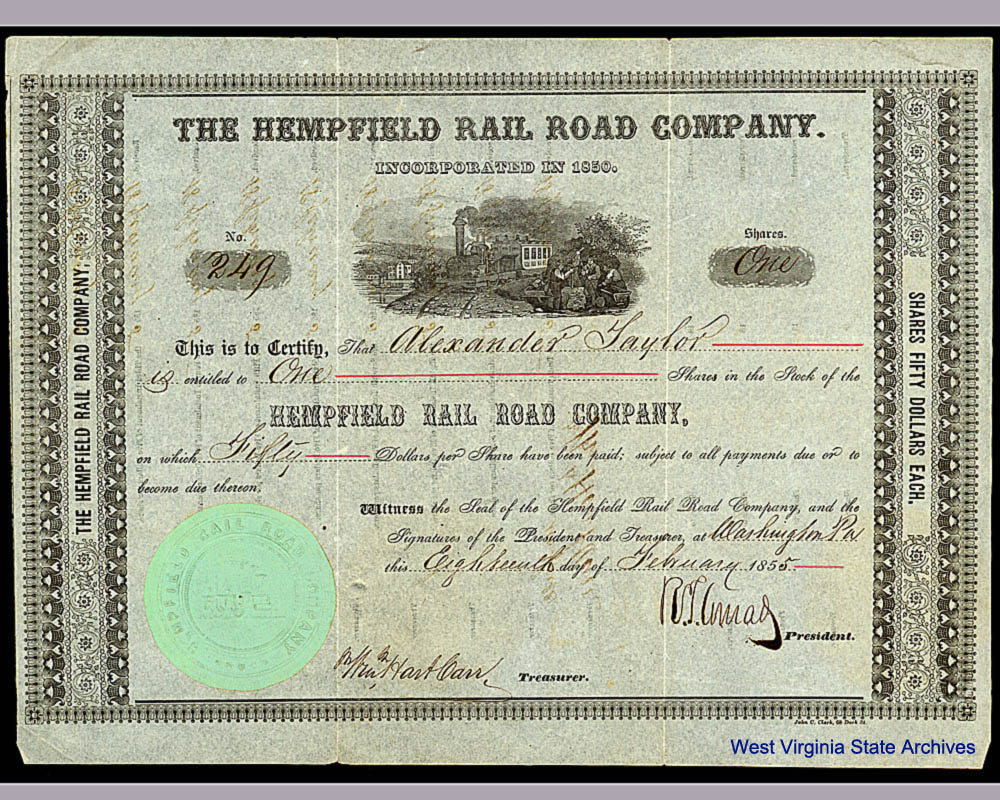 Stock certificate for the Hempfield Rail Road Company, which operated from Wheeling to Washington, Pennsylvania until being reorganized as the Wheeling, Pittsburgh, and Baltimore Railroad in 1857. (Sc2002-012)