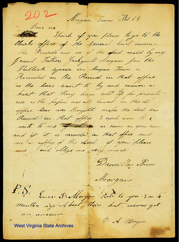 Letter from Drusilla Ann Morgan regarding deed for public square made by Zackquill Morgan to Morgantown. (Ms79-1)