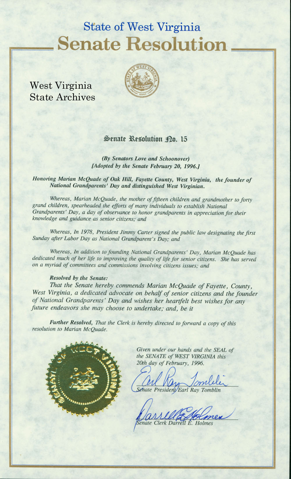 Senate resolution honoring Marian McQuade, founder of National Grandparents Day, 1996. (Ms2011-098)