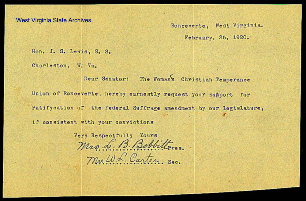Request to State Senator Joseph S. Lewis to support ratification of the 19th Amendment, 1920. (Ms2008-023)