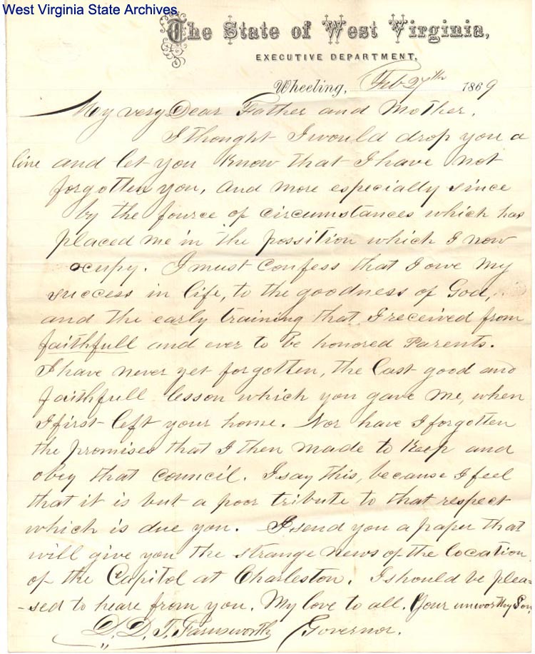 Letter, D. D. T. Farnsworth to Father and Mother, 1869, written while Farnsworth was serving a seven-day term as governor of West Virginia. (Ms2005-041)