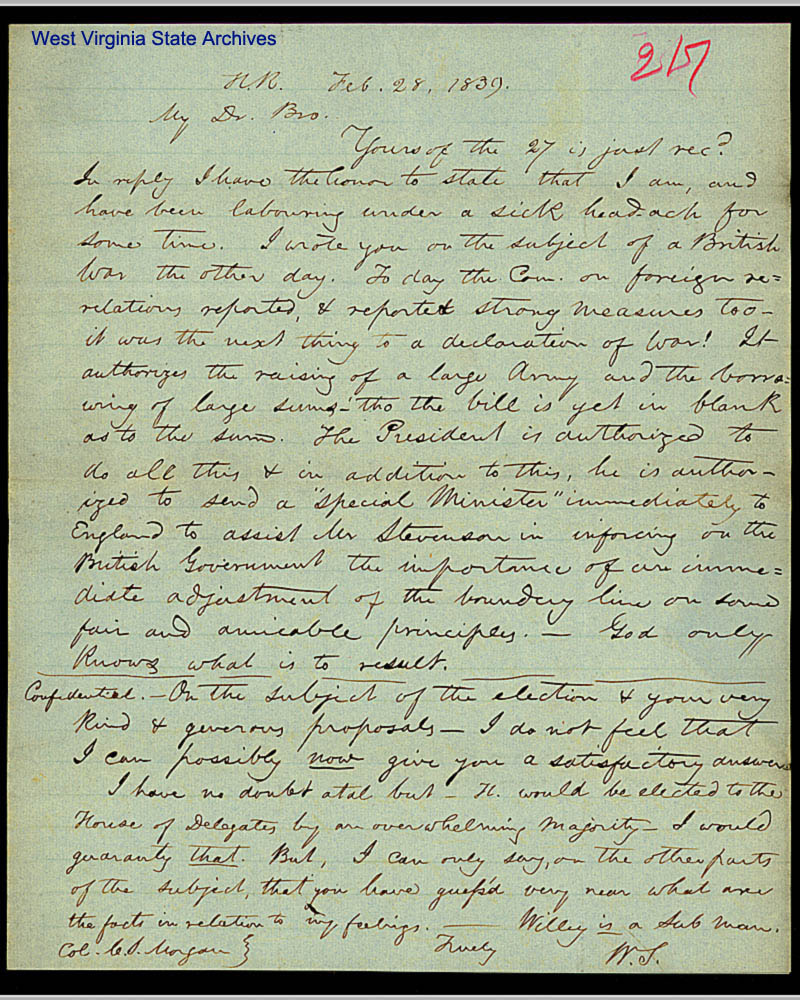 Letter from William Morgan to Charles C. Morgan concerning the dangers of war with Britain, 1839. (Ms79-1)