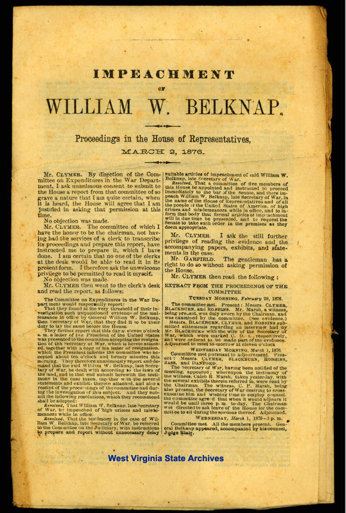 NFront page of the proceedings to impeach Secretary of War William W. Belknap, 1876