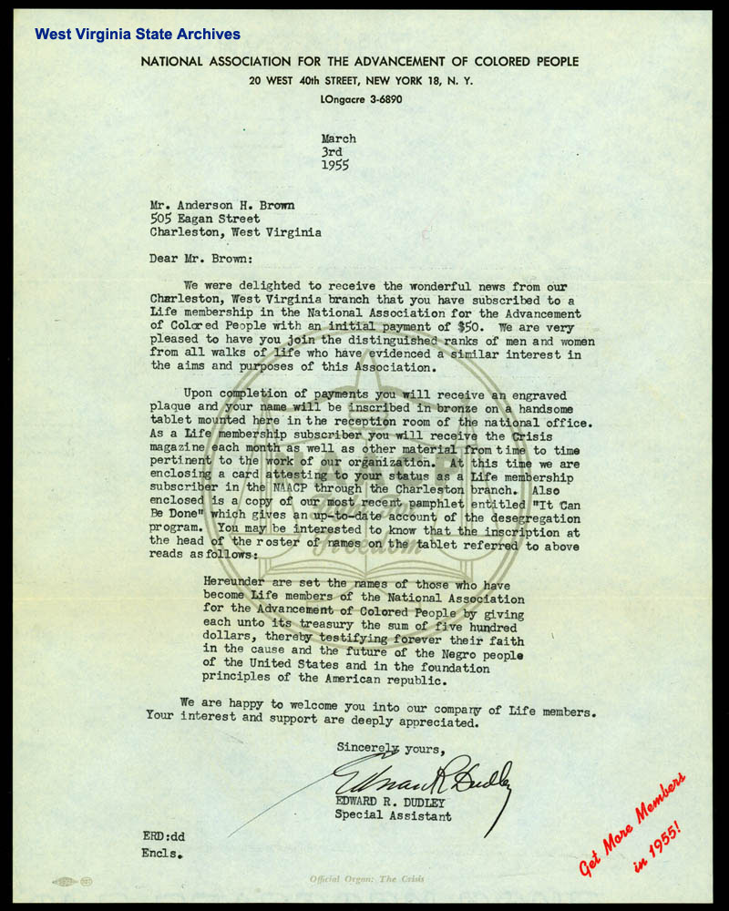 Letter from the National Association for the Advancement of Colored People (NAACP) to Anderson Brown concerning lifetime membership, 1955. (Ms88-185)