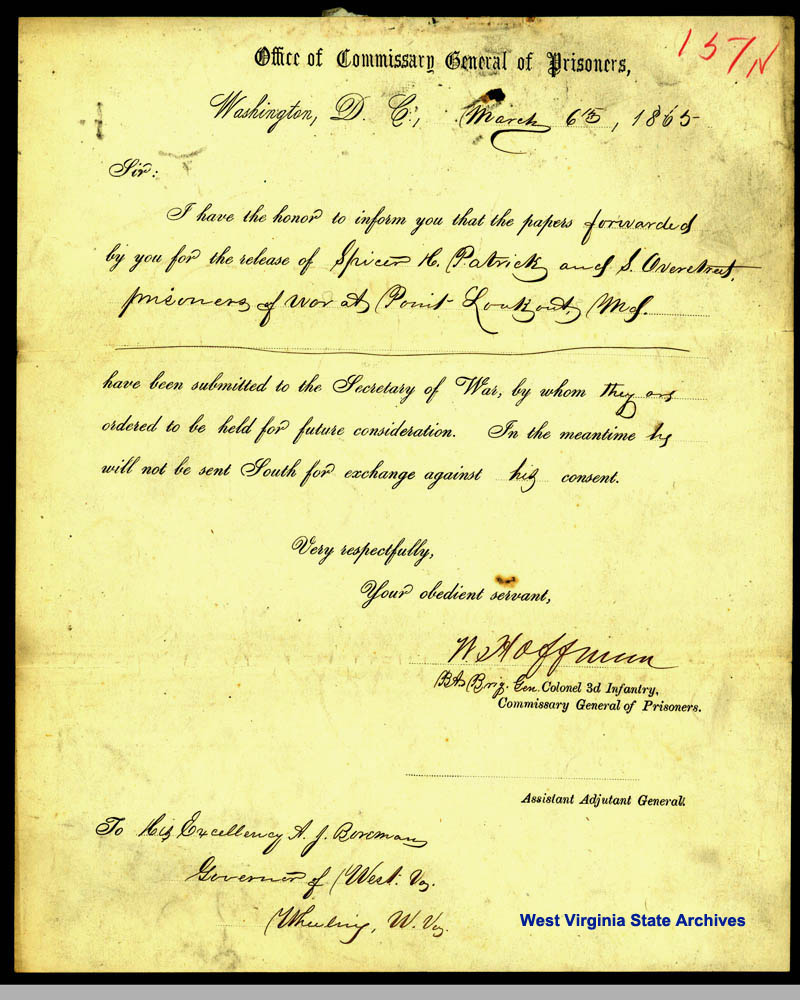 Letter from William Hoffman to Governor Arthur I. Boreman