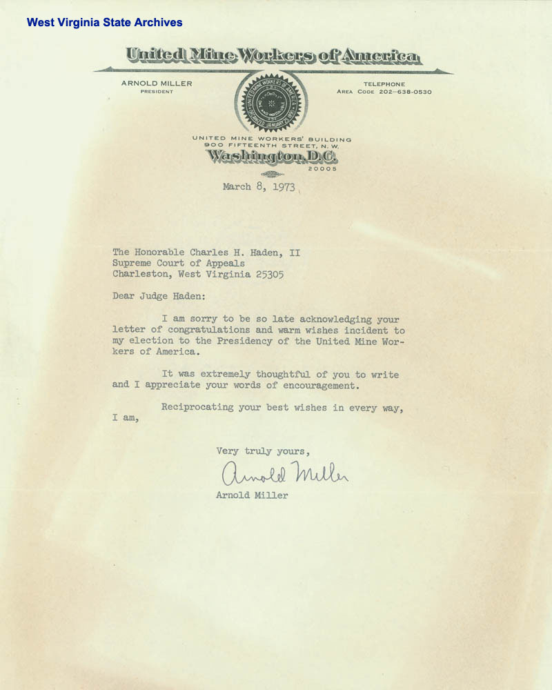 Arnold Miller letter to Judge Charles Haden, 1973. (Ms2009-042)