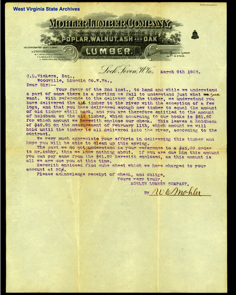 Correspondence between W. E. Mohler, Mohler Lumber Company, and C. L. Vickers regarding shipping timber, 1903. (Ms2009-091)