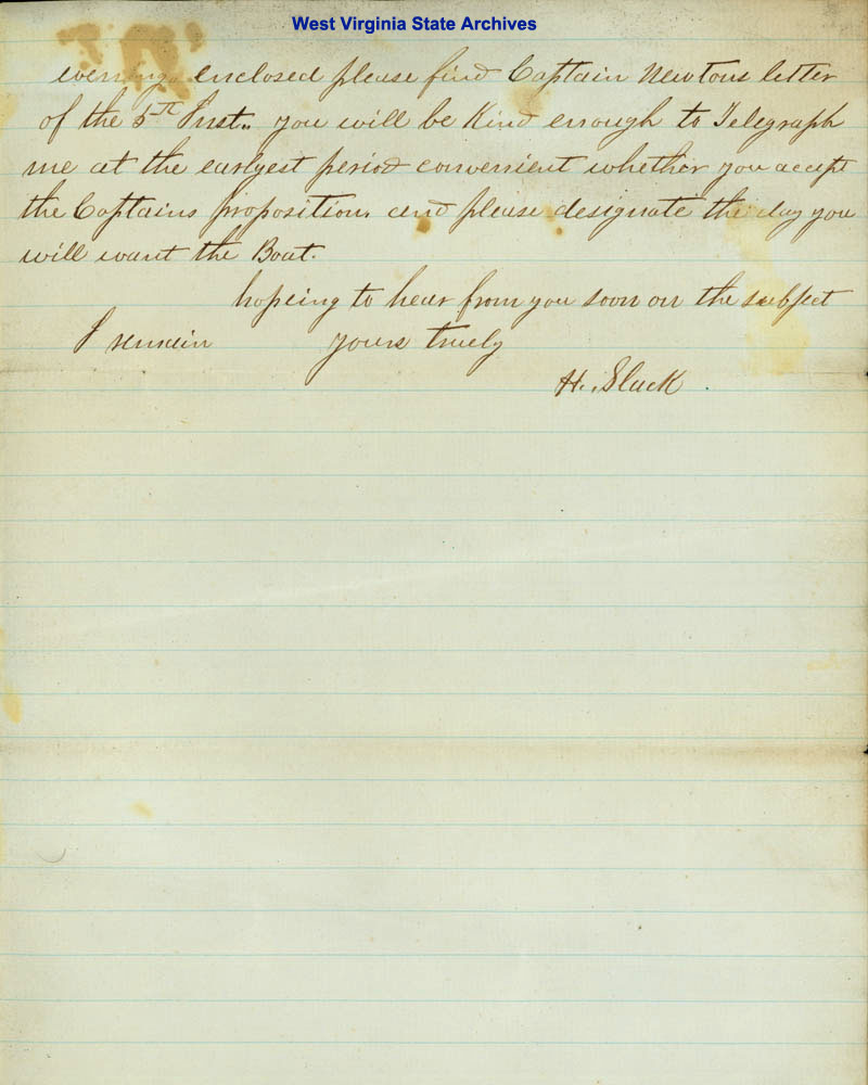 Letter from Hedgeman Slack offering the steamboat Mountain Boy to remove state officials with state records from Wheeling to Charleston, 1870. (Ar1724) 