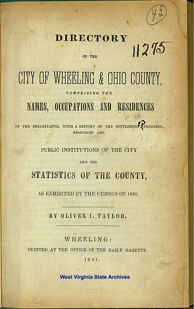 City directory for the City of Wheeling and Ohio County, 1850.