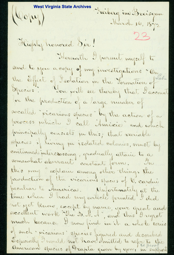 Correspondence from Dr. August Weissmann to William Henry Edwards regarding Effect of Isolation in the Formation of Species, 1872. (Ms79-2)