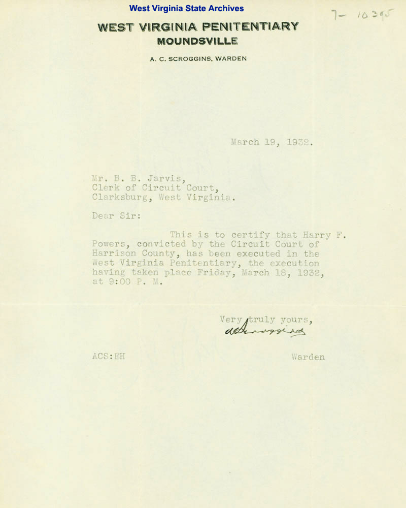 Correspondence from Warden A. C. Scroggins to Harrison County Circuit Court Clerk B. B. Jarvis, regarding certification of execution of Harry Powers (Bluebeard of Quiet Dell), 1932. (Ar1965)