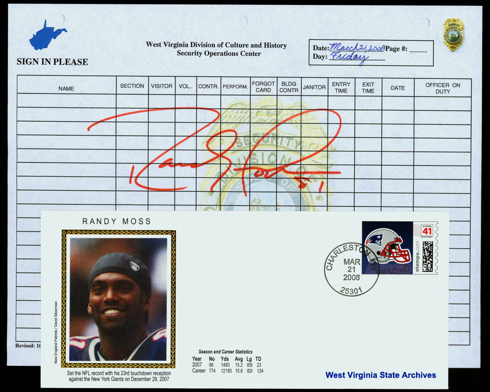 Postal cover and autograph, Randy Moss, Cultural Center, 2008. (Sc2008-050)